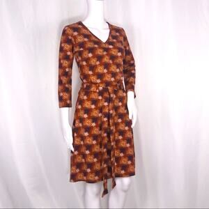 4 Funky Flavours Rust Blue Floral Fit & Flare Dress SzXS V Neck & Waist Ties NWT